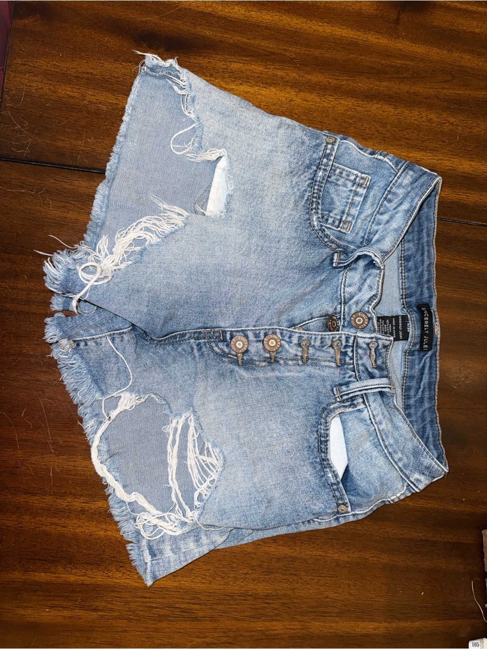 Sincerely Jules Light Blue Distressed Denim Button-Front Shorts
